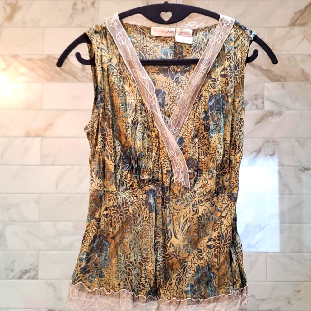 Sleeveless Satin Blouse with Blue Roses